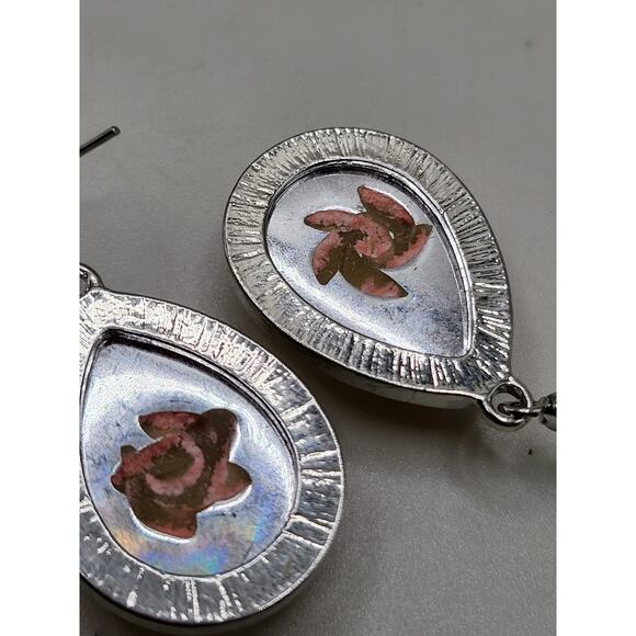 Yellow Rose Resin Teardrop Earrings Silver Tone Dangle Drop Floral Jewelry - Picture 6 of 6